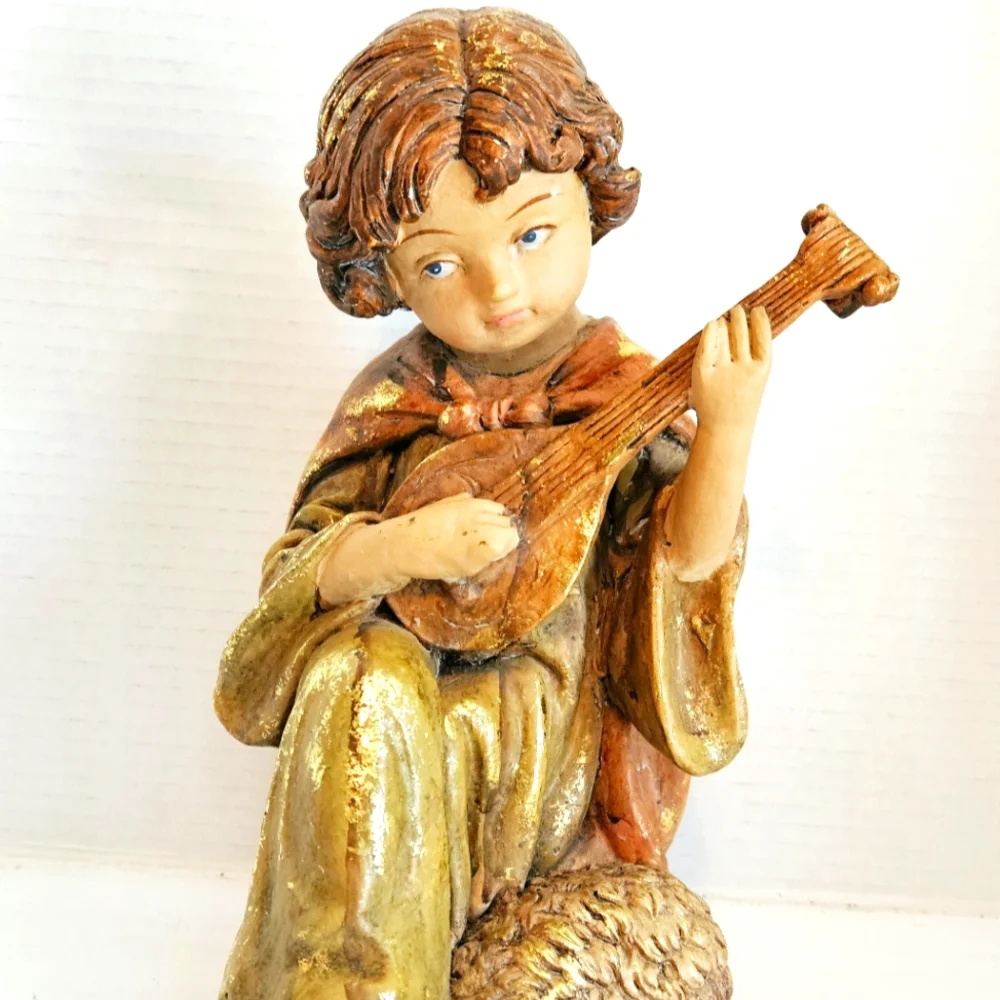 Vintage Gilded Shepard Boy and Sheep Resin Figurine